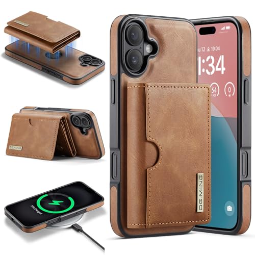 Handyhülle Brieftaschenhülle kompatibel mit iPhone 16 Plus Hülle Brieftasche Compatible with Männer Frauen, kabelloses Aufladen, abnehmbare magnetische Brieftaschen-Telefonhülle mit Kartensteckplatzha von ZDJKAFREH