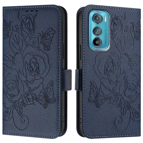 Handyhülle Kompatibel mit Motorola Moto Edge 30 Hülle, Brieftaschen-Hülle, schlankes PU-Leder-Handy-Flip-Folio-Gehäuse, stoßfeste Schutzhülle mit Kartenhaltern + Handschlaufe Schutzhülle(Blue) von ZDJKAFREH