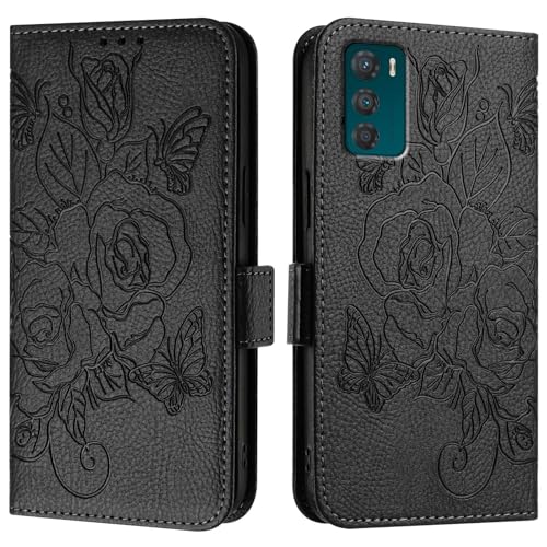 Handyhülle Kompatibel mit Motorola Moto G42 4G Hülle, Brieftaschen-Hülle, schlankes PU-Leder-Handy-Flip-Folio-Gehäuse, stoßfeste Schutzhülle mit Kartenhaltern + Handschlaufe Schutzhülle(Black) von ZDJKAFREH
