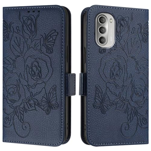 Handyhülle Kompatibel mit Motorola Moto G51 5G Hülle, Brieftaschen-Hülle, schlankes PU-Leder-Handy-Flip-Folio-Gehäuse, stoßfeste Schutzhülle mit Kartenhaltern + Handschlaufe Schutzhülle(Blue) von ZDJKAFREH