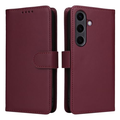 Handyhülle Kompatibel mit Samsung Galaxy S25 Plus Wallet Case, abnehmbare Rückseite mit Kartenhalter/Handschlaufe, PU-Leder Flip Folio Case mit Magnetständer, stoßfeste Handyhülle Schutzhülle(Wine Red von ZDJKAFREH