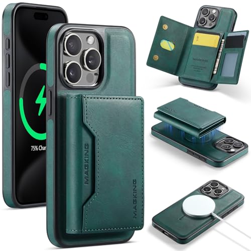 Handyhülle Kompatibel mit iPhone 15 Pro Wallet Case mit Kartenhalter, abnehmbare magnetische Wallet-Telefonhülle mit Kartensteckplatzhalter, magnetische PU-Leder-RFID-blockierende Flip-Kickstand-Schut von ZDJKAFREH