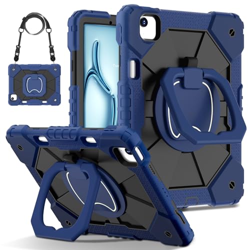 Tablet PC Hülle Hülle kompatibel mit iPad Air 11 Zoll M2 2024 A2902 A2903 A2904, robuste, stoßfeste Schutzhülle, robuster, drehbarer Ständer + Handschlaufe + Schultergurt Schutzhülle(Blue 1) von ZDJKAFREH