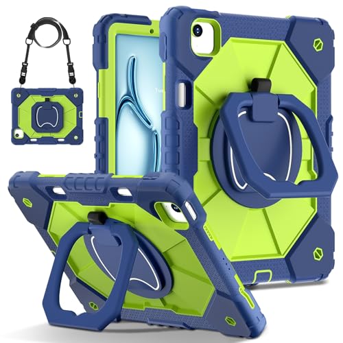 Tablet PC Hülle Hülle kompatibel mit iPad Air 11 Zoll M2 2024 A2902 A2903 A2904, robuste, stoßfeste Schutzhülle, robuster, drehbarer Ständer + Handschlaufe + Schultergurt Schutzhülle(Green 2) von ZDJKAFREH