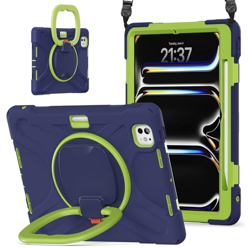 Tablet PC Hülle Hülle kompatibel mit iPad Pro 11 Zoll (Veröffentlichung 2024), robuste, stoßfeste TPU-Kinderhülle, um 360 Grad drehbare Multifunktions-Griffhalterung + robuste Abdeckung mit Schultergu von ZDJKAFREH