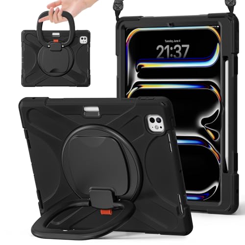 Tablet PC Hülle Hülle kompatibel mit iPad Pro 13 Zoll (Veröffentlichung 2024), robuste, stoßfeste TPU-Kinderhülle, um 360 Grad drehbare Multifunktions-Griffhalterung + robuste Abdeckung mit Schultergu von ZDJKAFREH