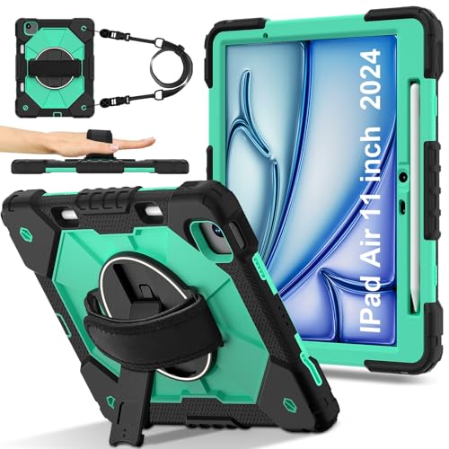 Tablet PC Hülle Kompatibel mit iPad Air 11 (M3) 2025)/Air 11 (M2) 2024. Stoßfeste, robuste Hybrid-Abdeckung, drehbarer Ständer, abnehmbarer Riemen und integrierter Stifthalter, kratzfeste Silikon-PC-P von ZDJKAFREH