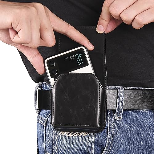 ZDJKAFREH Gürtelclip-Holster aus Leder Compatible with Mobiltelefone, kompatibel mit Galaxy Z Flip 6/5/4/3/2, kompatibel mit Moto RAZR 40/50 Ultra, Schutzhülle mit Beutelhalter [Magnetisch](Black) von ZDJKAFREH