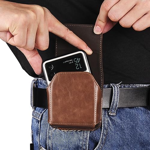 ZDJKAFREH Gürtelclip-Holster aus Leder Compatible with Mobiltelefone, kompatibel mit Galaxy Z Flip 6/5/4/3/2, kompatibel mit Moto RAZR 40/50 Ultra, Schutzhülle mit Beutelhalter [Magnetisch](Brown) von ZDJKAFREH