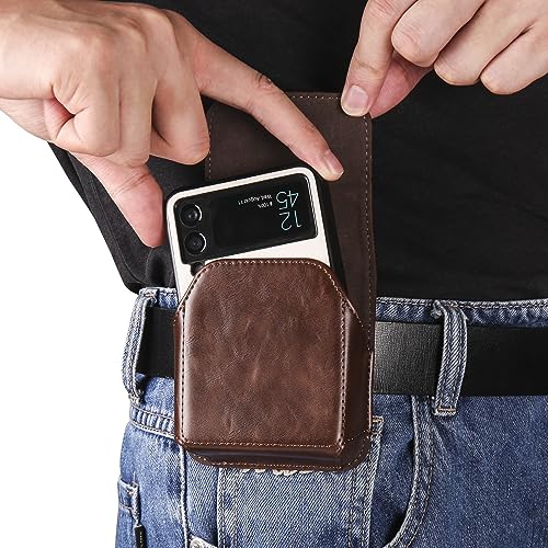 ZDJKAFREH Gürtelclip-Holster aus Leder Compatible with Mobiltelefone, kompatibel mit Galaxy Z Flip 6/5/4/3/2, kompatibel mit Moto RAZR 40/50 Ultra, Schutzhülle mit Beutelhalter [Magnetisch](Coffee) von ZDJKAFREH
