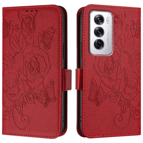 ZDJKAFREH Handyhülle Kompatibel mit Oppo Reno 12 Hülle, Brieftaschen-Hülle, schlankes PU-Leder-Handy-Flip-Folio-Gehäuse, stoßfeste Schutzhülle mit Kartenhaltern + Handschlaufe Schutzhülle(Red) von ZDJKAFREH