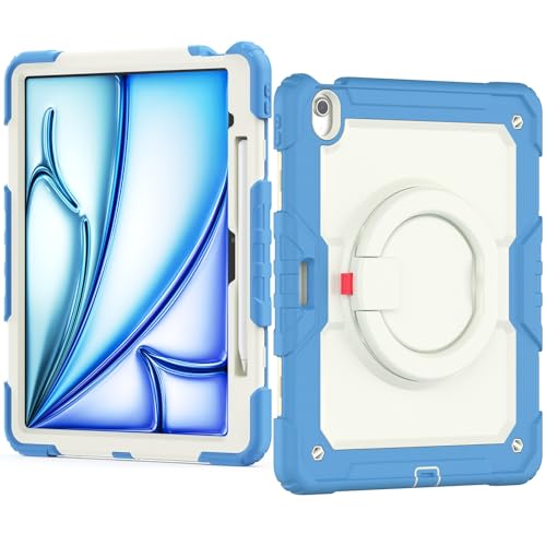 ZDJKAFREH Tablet PC Hülle Kompatibel mit iPad Air 13 Zoll M2 2024, Ganzkörper-Schutzhülle mit Stifthalter + Displayschutz, robuste Abdeckung, drehbarer Griff, Silikonhülle Schutzhülle(Blue) von ZDJKAFREH
