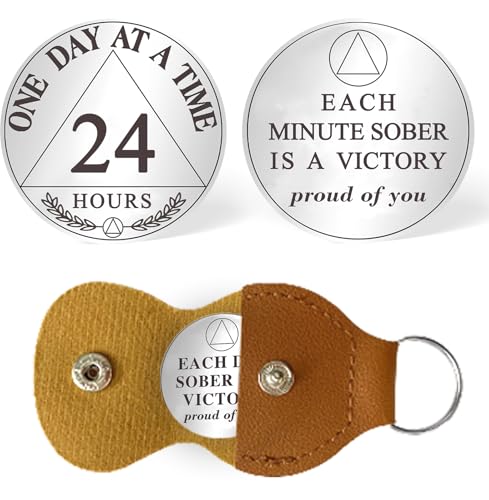 Nüchternheit Münze Nüchternheit Chips AA Chip AA Münzen One Day at A Time Sober Token Recovery Medaillon NA Chips NA Coins Laser Graviertes Design mit PU Schlüsselanhänger (24 Stunden) von ZDQCB