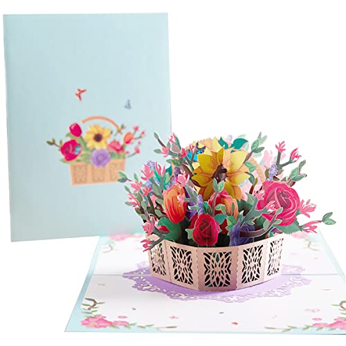 3D Blumenkarte, 3D Blumenkorb Pop-Up Karte, Popup Glückwunschkarte Blumenkarte Muttertags-Grußkarte mit Einsteckfach und Umschlag, Geburtstagskarte, Gute Besserung Karte von ZEACCT