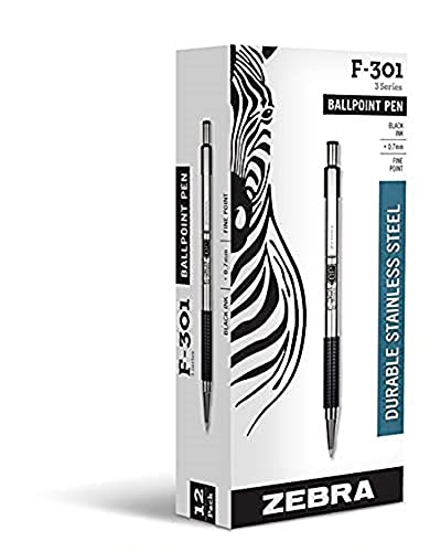 Zebra Pen F-301 Retractable Ballpoint Stainless Steel Pen, Premium Metal Barrel, Medium Point, 1.0mm, Black Ink, 12-Pack von ZEBRA