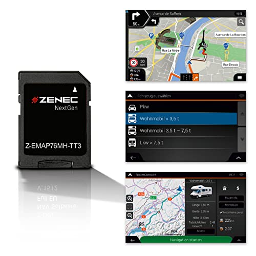 ZENEC Z-EMAP76MH-TT3 – Micro SDHC-Karte mit Reisemobil Navigation für ZENEC Infotainer Z-E3776, Z-N975 und Z-N976, 3-D Karten für Europa, Camping P.O.I. für Wohnmobile, TMC von ZENEC