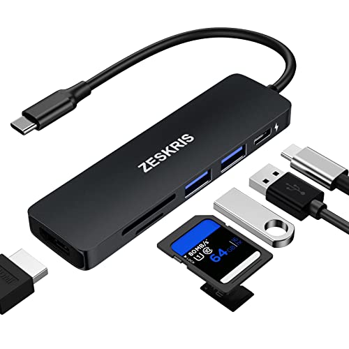 USB C Hub, ZESKRIS 6-IN-1 MackBook USB Multiport Adapter mit 2 USB 3.0 SD/MicroSD Kartenleser 4K HDMI 100W PD für MacBook Air/Pro und andere Geräte Typ C (Schwarz) von ZESKRIS