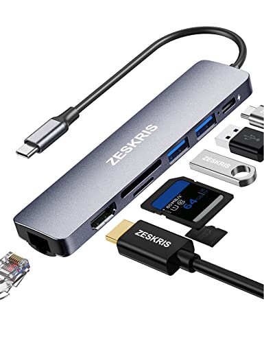 USB C Hub, ZESKRIS 7-IN-1 USB C Adapter kompatibel mit Ethernet, 100W PD Power Delivery, 4K HDMI, 2 USB 3.0 Ports, TF/SD/microSD Kartenleser, USB-C Multiport Adapter für MacBook iPad Pro Switch Laptop von ZESKRIS