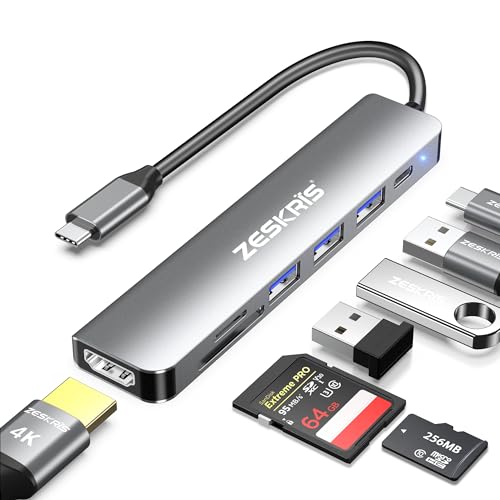 ZESKRIS USB C Hub, 7-in-1 USB C auf HDMI Adapter mit 4K HDMI, 100W PD, 1 x USB 3.0, 2 x USB 2.0 und SD/TF Kartenleser, Multiport Splitter kompatibel mit MacBook Air/Pro M1/M2, Surface Go und mehr von ZESKRIS