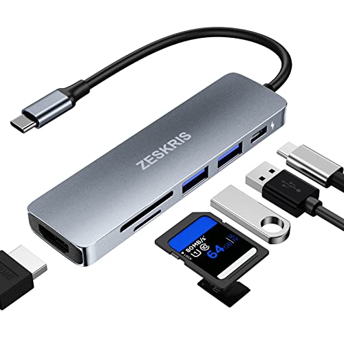 ZESKRIS USB C Hub, MacBook USB C Adapter, 6-in-1 USB C Hub Multiport Adapter mit 2 USB 3.0 SD/Micro SD Kartenleser, 4K HDMI 100 W PD, für MacBook Air/Pro und andere Typ-C-Geräte von ZESKRIS