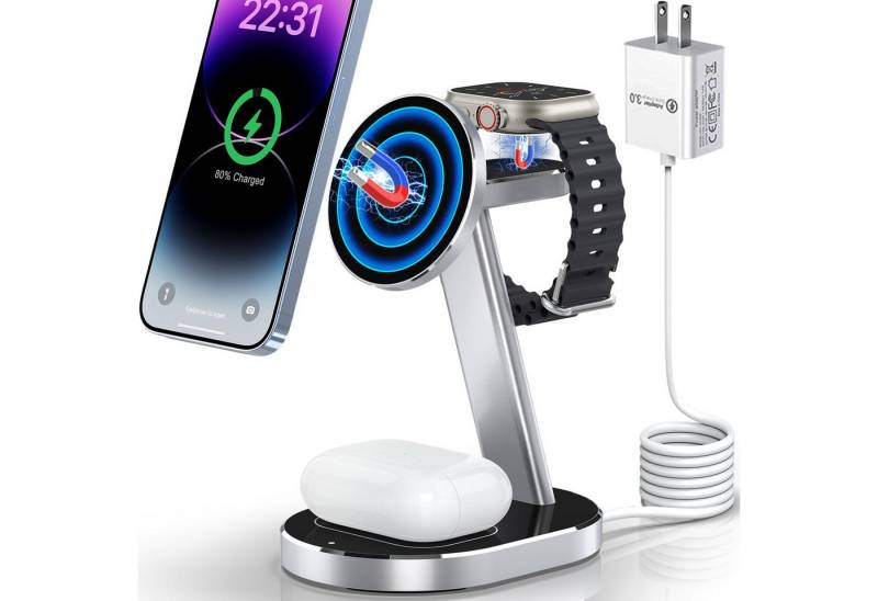 ZEUOPQ 3-in-1 Kabellose Magnetische Ladestation,multifunktionales,schnell Wireless Charger (3-in-1-Ladestation aus Aluminium für Handy, Kopfhörer und Smartwatch, Lädt iPhone, AirPods, Apple Watch mit vertikaler/horizontaler Option, Magnetische Verbindung, Überhitzungsschutz, rutschfeste Basis) von ZEUOPQ