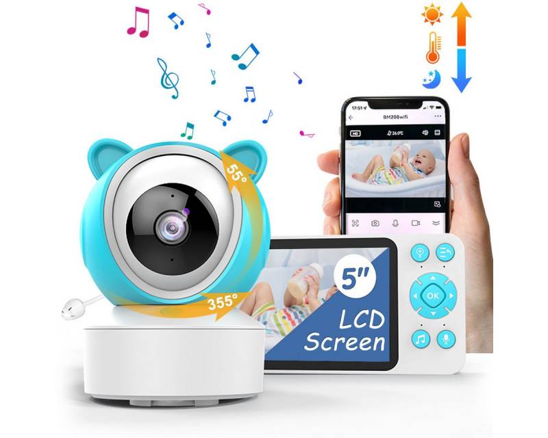 ZEUOPQ Babyphone Video-Babyphone Babyphone mit Kamera 5-Zoll-Display mit 8 Schlaflieder, mit Zwei-Wege-Gegensprechanlage, Schrei-Erkennungsfunktion, Infrarot-Nachtsicht bis zu 5 Metern, VOX stimmaktivierten Energiesparmodus, zeitgesteuerte Fütterung,Erkennung von warmer und nasser Haut usw. von ZEUOPQ