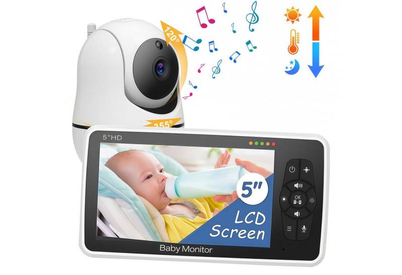 ZEUOPQ Babyphone Video-Babyphone Babyphone mit Kamera Überwachungskamera 5-Zoll-Display, mit Zwei-Wege-Gegensprechanlage, Temperaturüberwachung, Infrarot-Nachtsichtfunktion bis zu 5 Metern usw., eingebaute Musik mit etwa 3 Minuten Akkorden, Geeignet für Familien mit älteren Menschen, Kindern und Haustieren von ZEUOPQ