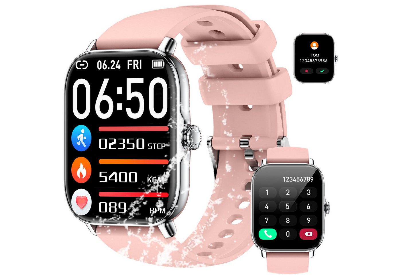 ZEUOPQ Fitness Tracker uhr mit Anruffunktion Gesundheits-Smartwatch rosa Smartwatch (4.85 cm/1.91 Zoll), 1-tlg., IP68 wasserdichte Sportuhr mit 24 Sportmodi von ZEUOPQ