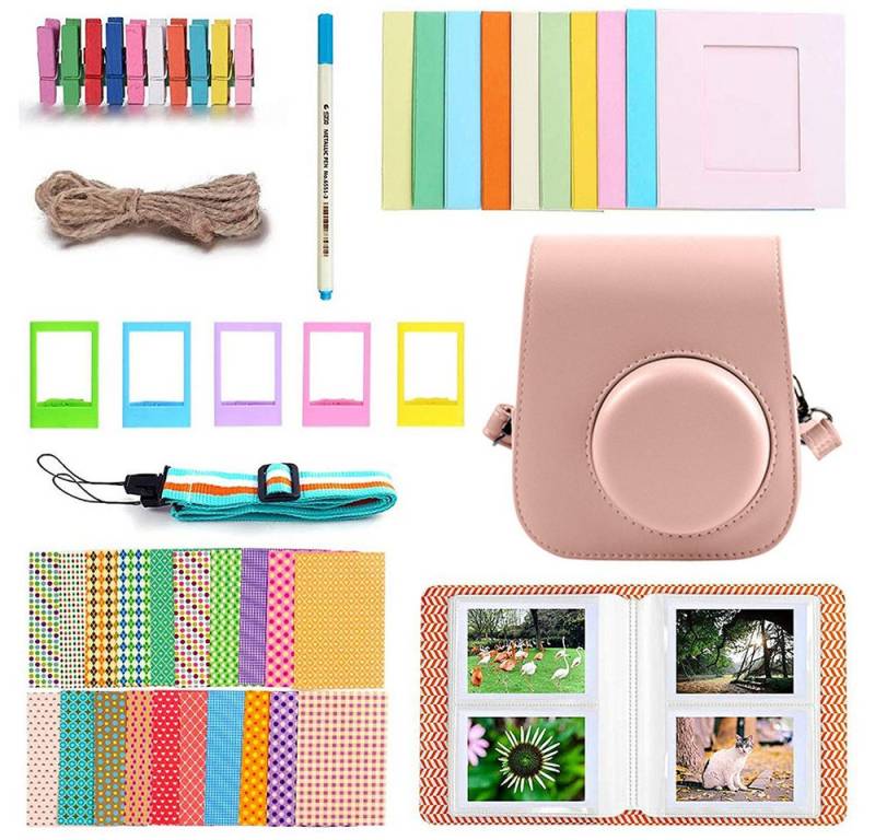 ZEUOPQ Kameratasche 8 in1 Instax Mini 11/12 Kamera Zubehör Tragetasche Mini-Film Aufkleber (PU-Leder Kamera-Tasche für Fuji instax mini 11, 20 instax mini Filmaufkleber, 5 * Kunststoff-Tischfotorahmen), Mini-Fotoalbum - 64 Taschen im praktischen Design von ZEUOPQ