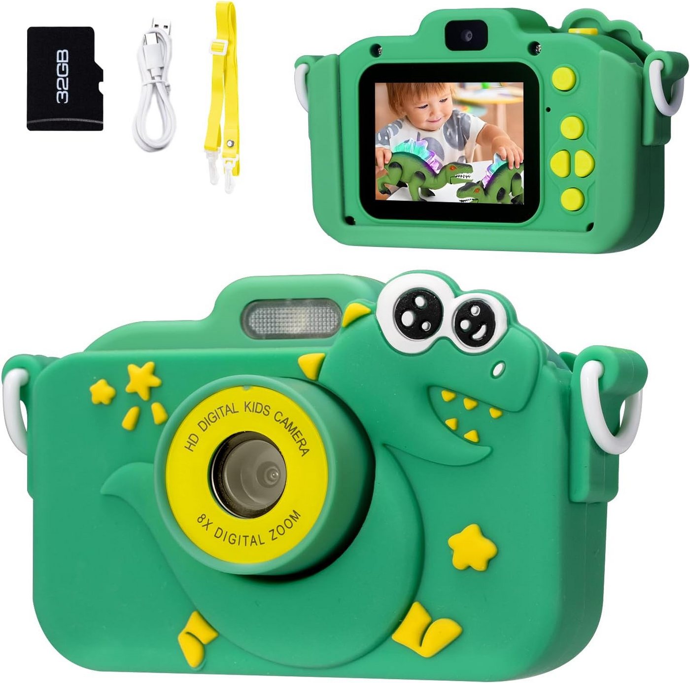 ZEUOPQ Kinderkamera 2" Display 1080P, Spielzeug-Kamera Dinosaurier 32G Karte Kinderkamera (1080p Video Fotokamera enthält 5 Klassische Spiele,10 Spiegeleffekte) von ZEUOPQ