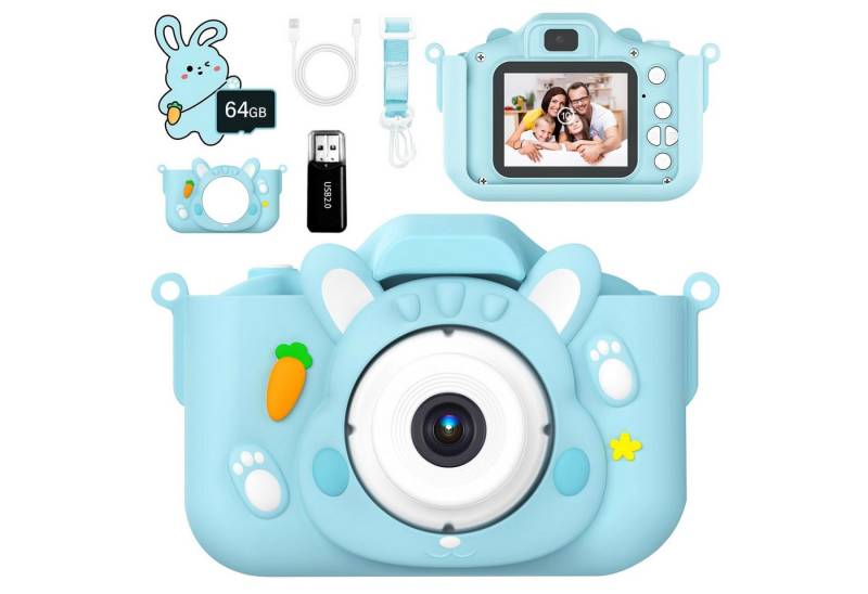 ZEUOPQ Kinderkamera Spielzeug-Kamera Anti-Drop Selfie Digital Video Kamera Kinderkamera (1080P HD Fotoapparat Plastik Kinderkamera mit Dual Lens, mit 64 GB SD-Karte und Silikonhülle, inkl. für Jungen Mädchen 3-12 Jahre Spielzeug (Blau), 48MP Display Digitalkamera Kinder) von ZEUOPQ