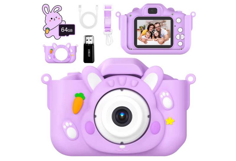 ZEUOPQ Kinderkamera Spielzeug-Kamera Anti-Drop Selfie Digital Video Kamera Kinderkamera (1080P HD Fotoapparat Plastik Kinderkamera mit Dual Lens, mit 64 GB SD-Karte und Silikonhülle, inkl. für Jungen Mädchen 3-12 Jahre Spielzeug (Lila), 48MP Display Digitalkamera Kinder) von ZEUOPQ