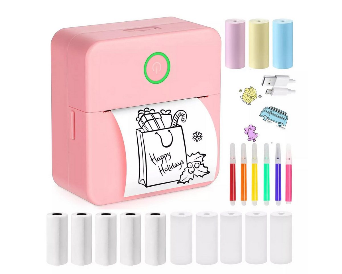 ZEUOPQ Thermodrucker Kompatibel mit iOS Android Etikettendrucker rosa Etikettendrucker, (Bluetooth Etikettendrucker, 1 x Mini-Drucker, 13 Rollen Aufkleber, 6 farbige Marker) von ZEUOPQ