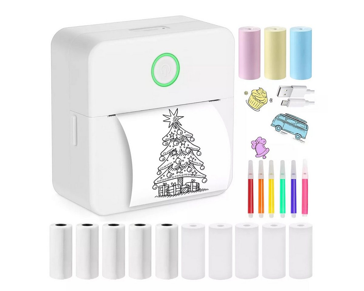 ZEUOPQ Thermodrucker Kompatibel mit iOS Android Etikettendrucker weiß Etikettendrucker, (Bluetooth Etikettendrucker, 1 x Mini-Drucker, 13 Rollen Aufkleber, 6 farbige Marker) von ZEUOPQ