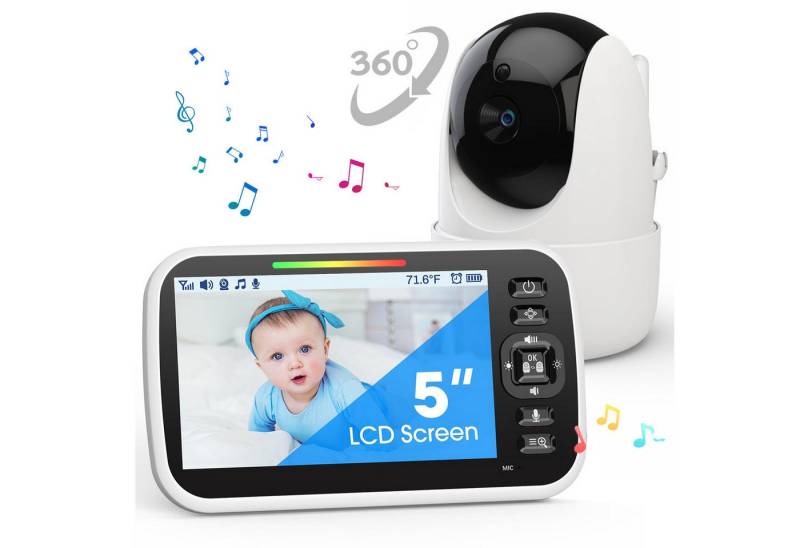 ZEUOPQ Video-Babyphone Baby Minitor Babyphone mit Kamera und Audio, 5 Zoll LCD-Display, VOX-Modus, 2-Wege-Audio, 8 Schlaflieder, 30 Std. Akkulaufzeit, 355° Schwenk- & Neigefunktion, Infrarot-Nachtsicht, Temperaturanzeige von ZEUOPQ