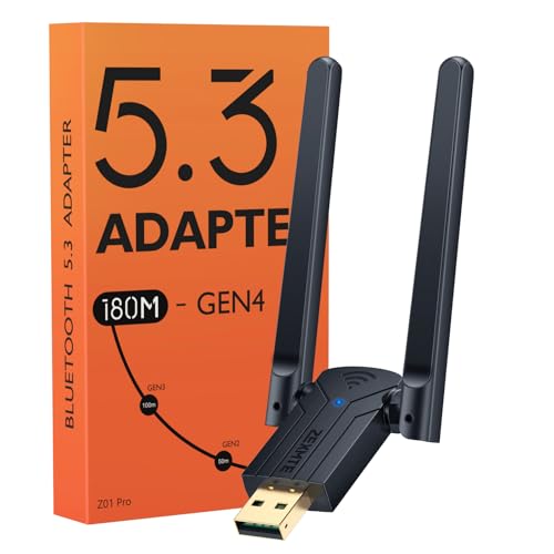 ZEXMTE Große Reichweite Bluetooth 5.3 Adapter für PC, 590FT/180M USB Bluetooth Dongle für Desktop, Laptop, Drucker, Tastatur, Maus, Headset, Windows 8/10/11 Kompatibel (Anschließen und Spielen) von ZEXMTE