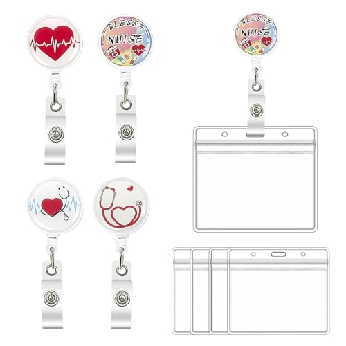 4 Stück Krankenschwester Badge Halter,Badge Halter für Krankenschwestern & Ärzte,Ausweis Ausweishalter,Einziehbare Abzeichenhalter mit Zugseil für Krankenschwestern,Ärzte,Freiwillige. von ZFRITP