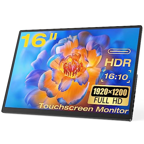 ZFTVNIE Portable Monitor Touchscreen 16 Zoll Tragbarer Monitor Full HD 1920x1200 IPS-Bildschirm, HDMI USB Typ-C Externer Monitor für Laptop PC PS4 Computer Xbox Ras Pi, Integrierte Lautsprecher von ZFTVNIE