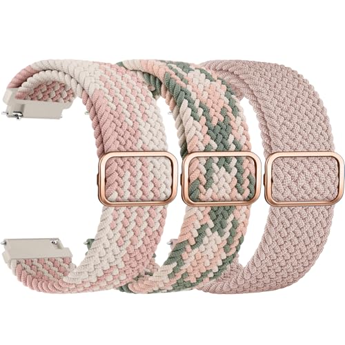 ZGCE 3 Stück Elastische Uhrenarmbänder 22mm 20mm Armband, mit Verstellbarer Schnalle, Nylon Geflochtene Sport Uhrenarmband für Herren Damen (Hellrosa/Rosa Sternenlicht/Rosa Stern Grün, 22mm) von ZGCE