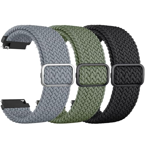 ZGCE 3 Stück Elastische Uhrenarmbänder 22mm 20mm Armband, mit Verstellbarer Schnalle, Nylon Geflochtene Sport Uhrenarmband für Herren Damen (Schwarz/Blau Grau/Armee Grün, 22mm) von ZGCE