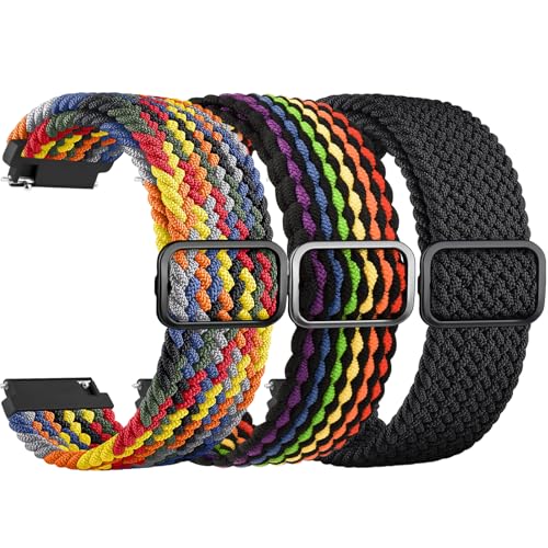 ZGCE 3 Stück Elastische Uhrenarmbänder 22mm 20mm Armband, mit Verstellbarer Schnalle, Nylon Geflochtene Sport Uhrenarmband für Herren Damen (Schwarz/Regenbogen/Bunt, 20mm) von ZGCE