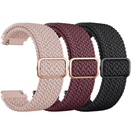 ZGCE 3 Stück Elastische Uhrenarmbänder 22mm 20mm Armband, mit Verstellbarer Schnalle, Nylon Geflochtene Sport Uhrenarmband für Herren Damen (Schwarz/Rosa/Weinrot, 20mm) von ZGCE