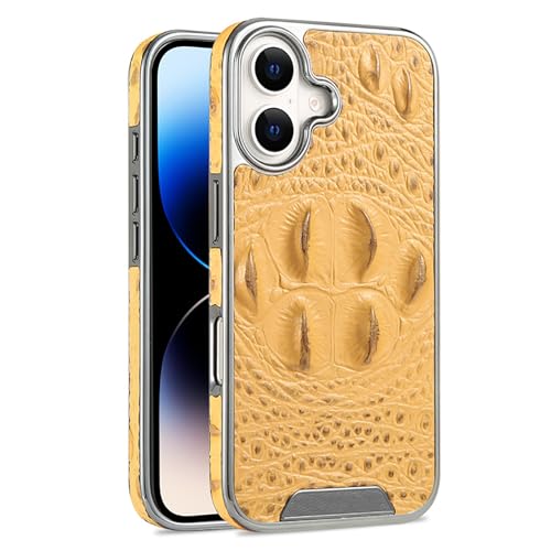 ZGFOZJGC Echtlederhülle für iPhone 16 Pro Max/16 Pro/16 Plus/16, schlanke Luxus-Business-Hülle mit 3D-Krokodilkrallenmuster und Plating-Rahmen (16, Gelb) von ZGFOZJGC
