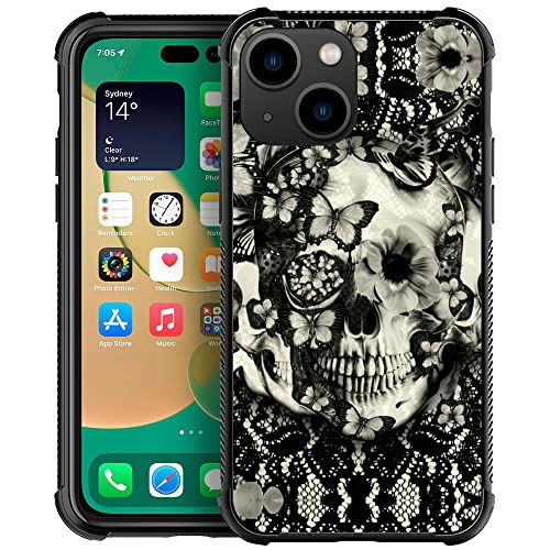 Kompatibel mit iPhone 14 Hülle, viktorianische Gothic Spitze Totenkopf iPhone 14 Hüllen, Rückseite aus gehärtetem Glas + weiches Silikon TPU Stoßschutz für Apple iPhone 14 von ZHEGAILIAN