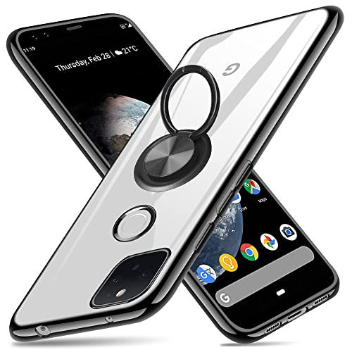 Kompatibel mit Google Pixel 5 5G Hülle, 15,2 cm (6 Zoll), transparente Abdeckung mit Ringhalterung, Ständer, galvanisiertes weiches TPU-Silikon, transparent, stoßfest für Pixel 5 5G – Schwarz von ZHIYIWU