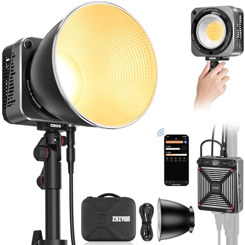 ZHIYUN Molus G200 [Official] Videoleuchte 200W, COB LED Videolicht mit Bowens Mount, Bi-Color Streaming Licht mit 61500 Lux/ 2700~6500K/ CRI≥95/ TLCI≥97/ APP Control, Ultraleise Video/Foto Licht von ZHIYUN