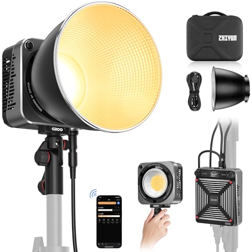 Zhiyun LED-Videoleuchte MOLUS G200 COB 200W Bowens Mount Kontinuierliche Lichtleistung,Bi-Color 2700K-6500K,Spitzenhelligkeit 61500Lux mit ZHIYUN-Reflektor,ZY Vega App-Steuerung für Videofotografie von ZHIYUN