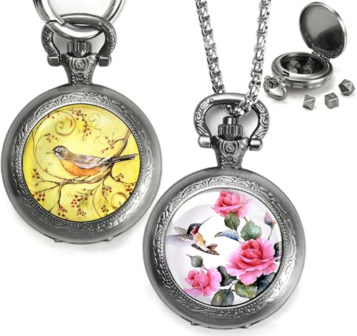 Mini DND Würfel Set mit Taschenuhr 2Pack, Polyedrische Metall Würfelset für Dungeons & Dragons/D&D, Kleine Würfel Tragbare Halskette Schlüsselanhänger für Männer Frauen RPG Geschenke(Flower & Bird-D) Mini DND Würfel Set mit Taschenuhr 2Pack, Polyedrische Metall Würfelset für Dungeons & Dragons/D&D, Kleine Würfel Tragbare Halskette Schlüsselanhänger für Männer Frauen RPG Geschenke(Flower & Bird-D) von ZHOORQI