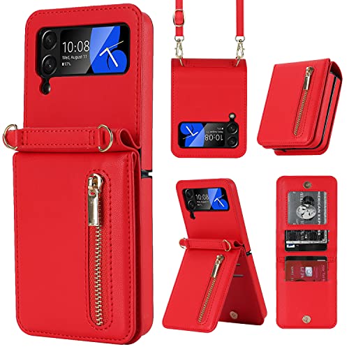 ZHOZEXIN Compatible with Samsung Galaxy Z Flip 3 Stand Stylish Flip Protective Leather Case,Wallet case with Zip,Card Slot,Cash Compartment, Phone case with Cord for Galaxy Z Flip 3 (Rot) von ZHOZEXIN