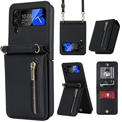 ZHOZEXIN Compatible with Samsung Galaxy Z Flip 3 Stand Stylish Flip Protective Leather Case,Wallet case with Zip,Card Slot,Cash Compartment, Phone case with Cord for Galaxy Z Flip 3 (Schwarz) von ZHOZEXIN